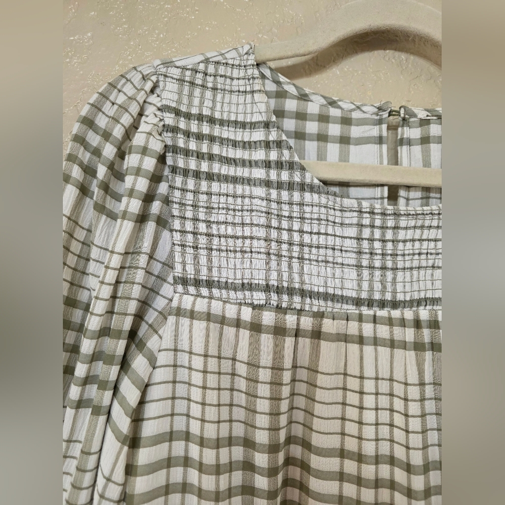 Green Plaid Puff Long Sleeve Fall Dress - Picture 4 of 8